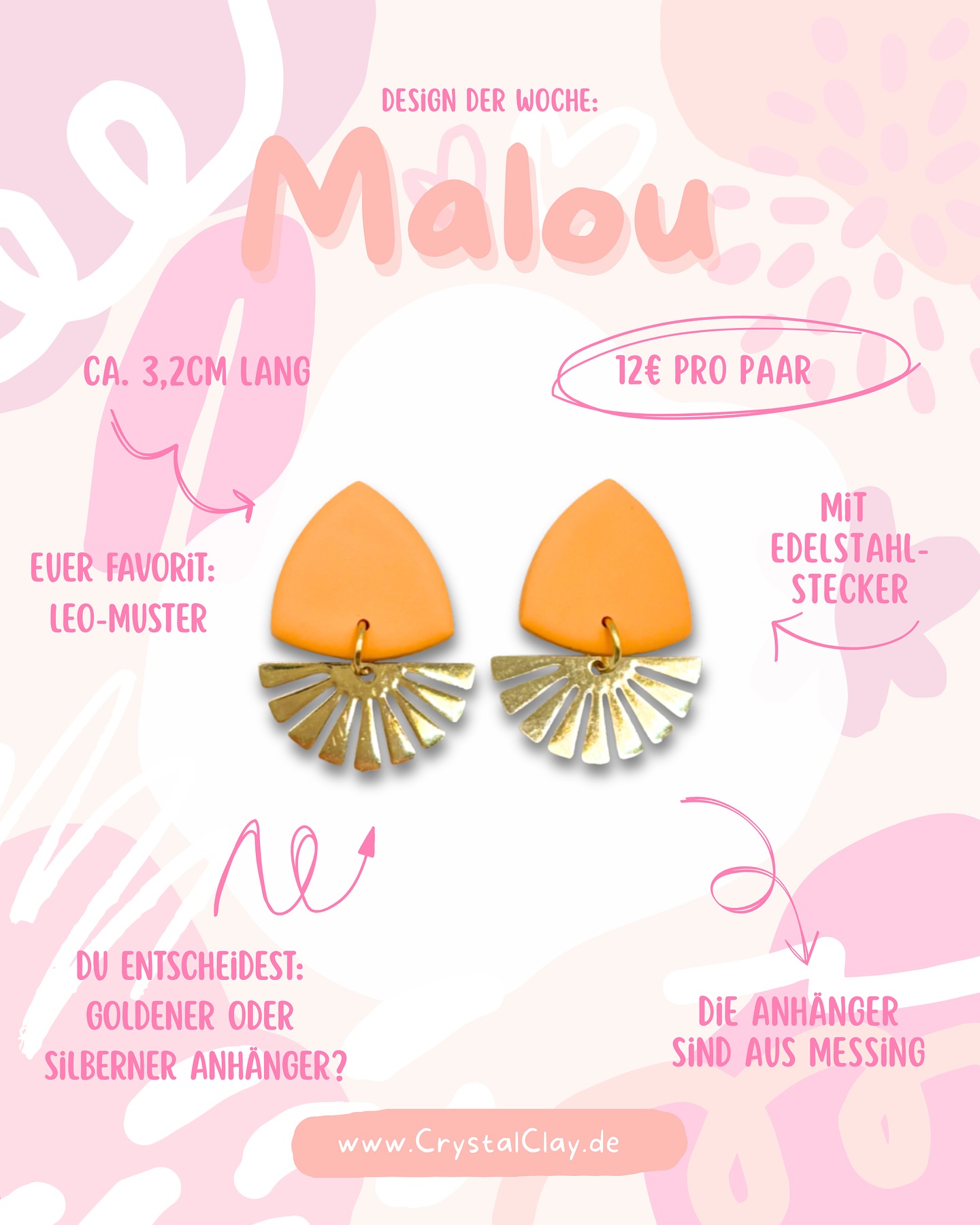 Design Donnerstag!✨
Heute gibt es diese schlichten, jedoch eleganten Ohrringe, welche ich euch vorstellen möchte.
Die „Malou“-Ohrringe sind eine kleinere Version der „Lou“-Ohrringe, welche ebenfalls oben ein dreieckiges Element haben und unten einen Anhänger.
Während man sich bei dem Metallanhänger zwischen Gold- und Silberfarben entscheiden muss, sind beim oberen Teil die Möglichkeiten grenzenlos 🤩. Euer Favorit ist aufjedenfall Leo und Rosa 🫶🏻.
Kennst du das Modell schon, oder besitzt du es sogar selbst ?! - lasst es mich gerne mal in den Kommentaren wissen :)
#DesignDonnerstag #OhrringLiebe #HandmadeJewelry #PolymerClayJewelry #SchmuckDesign #NeueKollektion #SupportHandmade #MadeInGermany #Kunsthandwerk #CrystalClay
