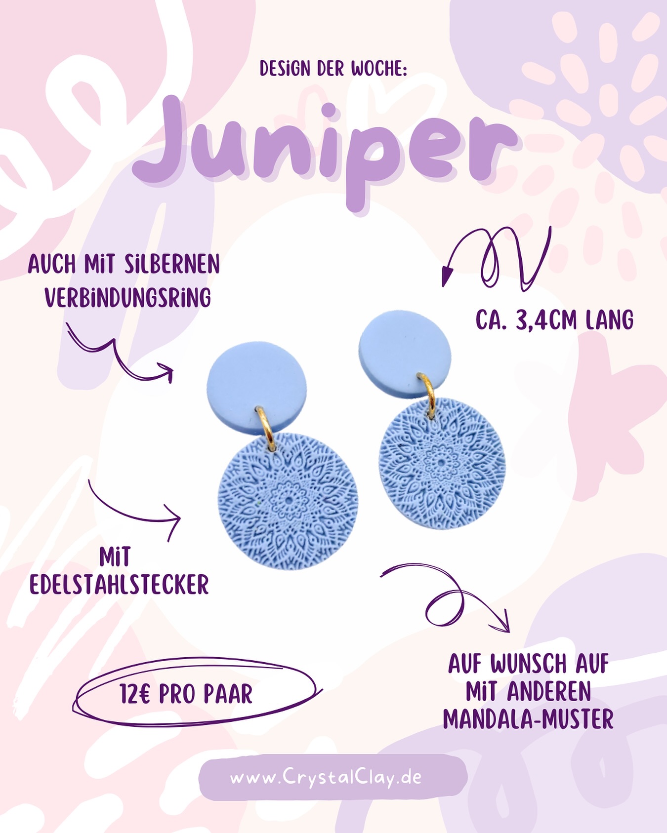Ich freue mich, euch den neuen Design-Donnerstag vorzustellen! ✨
Ab sofort widme ich jeden Donnerstag einem besonderen Ohrringmodell aus dem Shop. Das bedeutet für euch:
💖 Neue Designs: Seid die Ersten, die neue frisch aus dem Atelier gehüpften Kreationen entdecken!
🌟 Eure Favoriten: Ein Blick auf Bestseller oder Modelle, die ihr besonders liebt!
🔍 Exklusive Einblicke: Ich zeige euch besondere Details, Inspirationen oder die Geschichte hinter einem Design.
Diesen Donnerstag starten die “Juniper”:
Minimalistische Formen treffen auf ein feines Mandala-Muster. Die Ohrringe sind zusammen mit den sehr ähnlichen „Lije“-Ohrringen eure absoluten Favoriten. Am meisten gefallen euch leichte Pastelltöne oder knallig bunte Juniper.
Was wünscht ihr euch für den nächsten Design-Donnerstag? Verratet es mir in den Kommentaren! 👇
#DesignDonnerstag #OhrringLiebe #HandmadeJewelry #PolymerClayJewelry #SchmuckDesign #Flensburg #SupportHandmade #MadeInGermany #Kunsthandwerk #CrystalClay