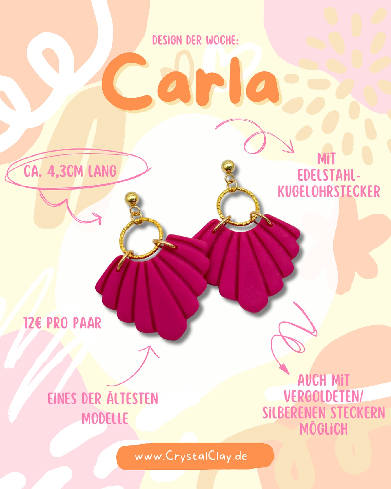 Happy Donnerstag! Zeit für das wöchentliche Donnerstags-Design. ✨
Heute wird ein Modell vorgestellt, das schon lange im Shop ist und sich immer noch großer Beliebtheit erfreut: Carla!
Carla ist eines der ältesten Designs. Das zeitlose und wunderschöne Design überzeugt einfach immer. Egal ob in knalligen Farben oder schlichter. Auf jedem Markt wird mindestens ein Paar hiervon verkauft. 💖
Mit ihrem Edelstahl-Kugelohrstecker und einer Länge von ca. 4,3 cm sind die Ohrringe superleicht und angenehm zu tragen.
Infos:
* Preis: 12 € pro Paar
* Material: Edelstahl-Kugelohrstecker
* Optional: Auch mit vergoldeten/silbernen Steckern erhältlich
www.CrystalClay.de
Besitz du vielleicht sogar ein Paar? 🤩
#crystalclay #polymerclay #tonohrringe #handmadejewellery #schmuckliebe #ohrringedesign #donnerstagsdesign #lieblingsstück #ohrschmuck #handgefertigterschmuck #ohrringe #kleinunternehmen #supportsmallbusiness