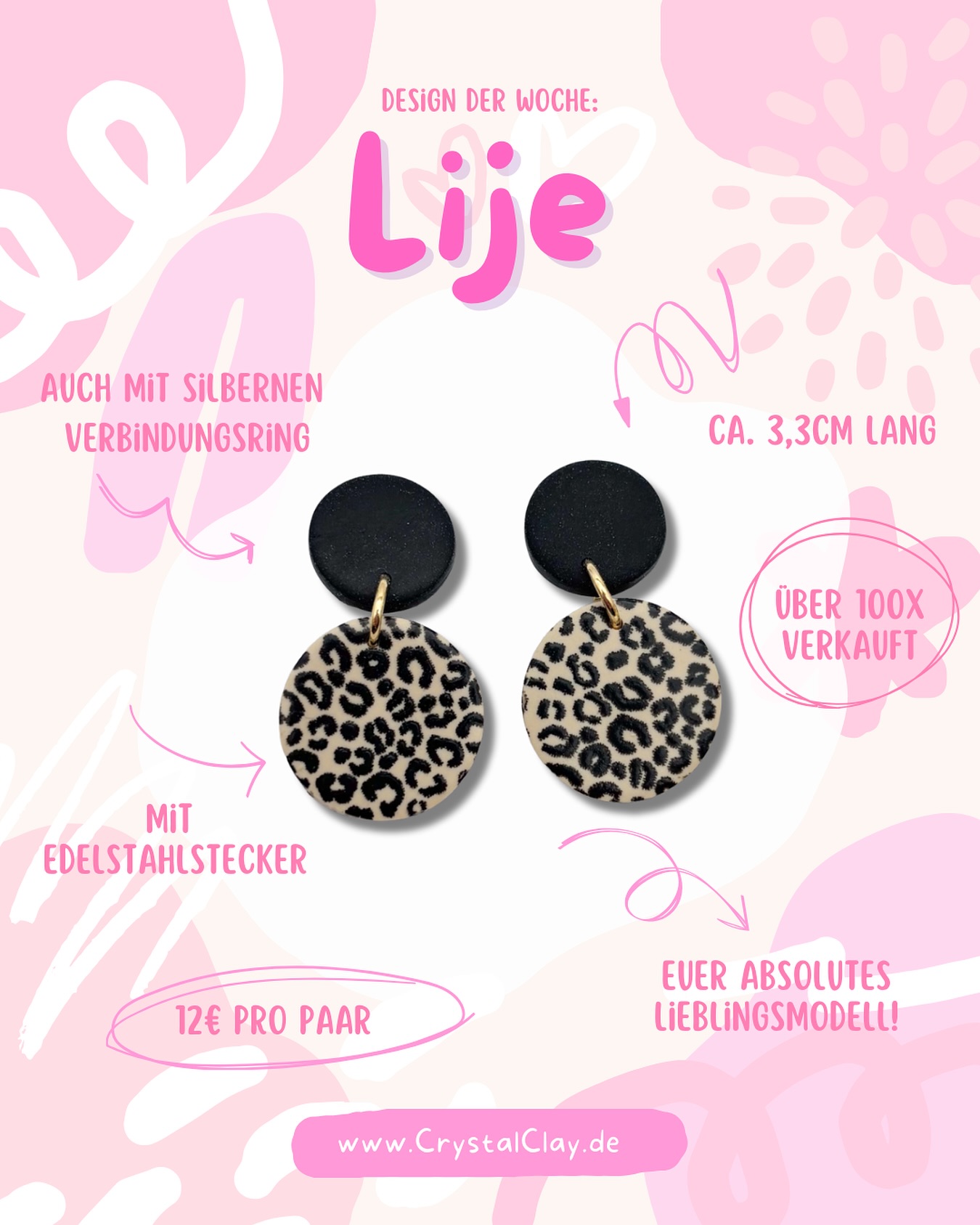LEO + LIJE 🐆🖤
Wir präsentieren euch das Design der Woche: Unsere LIJE Ohrringe!
Kein Wunder, dass sie euer absoluter Favorit sind – mit ihrem coolen Leoparden-Muster und der zeitlosen Form sind sie der Hingucker schlechthin!
Egal ob zum lässigen Alltags-Look oder für den besonderen Anlass, diese Ohrringe setzen immer ein Statement.
Facts, die überzeugen:
✨ Über 100x verkauft!
✨ Ca. 3,3 cm lang – die perfekte Größe
✨ Ausgestattet mit einem Edelstahlstecker für empfindliche Ohren
Du magst es lieber Silber? Kein Problem, die Lije Ohrringe gibt es auch mit silbernem Verbindungsring.
Hol dir jetzt dein neues Lieblingsaccessoire! 🐆🖤
Preis: 12€ pro Paar
#LeopardPrint #Ohrringe #Schmuck #Accessoires #HandmadeJewelry #StatementEarrings #Lieblingsstück #CrystalClay #FashionTrends #LeopardLover #Musthave #MadeInGermany #InstaFashion #OhrringLiebe #SmallBusiness #Handgemacht