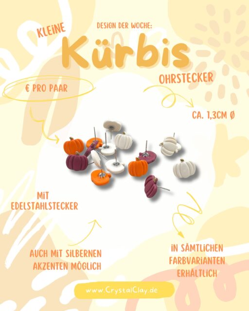 🎃 Design der Woche: Kleine Kürbis Ohrstecker 🍂

Hol dir den Herbst-Vibe direkt an deine Ohren! 😍

Unsere süßen Kürbis-Ohrstecker sind das perfekte Accessoire für die gemütliche Jahreszeit und ein absolutes Muss für alle Halloween-Fans! Egal ob du durchs Laub spazierst, einen Pumpkin Spice Latte genießt oder dich für die gruseligste Nacht des Jahres stylst – diese kleinen Hingucker runden dein Outfit ab.

Die Details:
 * 🧡 Ca. 1,3 cm Durchmesser – Klein, aber oho!
 * 💰 Preis: 8€ pro Paar (hat’s leider nicht auf das Bild geschafft 🤭)
 * 🍂 Mit Edelstahlstecker für beste Verträglichkeit.
 * ✨ Auch mit silbernen Akzenten möglich.
 * 🌈 Erhältlich in sämtlichen Farbvarianten (du entscheidest, ob eher klassisches Orange, Weiß oder gar Türkis?!)

Du findest die kleinen Schätze jetzt im Shop!
🔗 www.CrystalClay.de

Welche Farbe wählst du für dein Herbst-Statement? Schreib’s in die Kommentare! 👇

#herbstschmuck #kürbis #kürbisohrringe #polymerclay #clayearrings #handmadejewelry #handgemachterschmuck #designderwoche #herbstoutfit #halloweenstyle #accessoires #crystalclay #ohrstecker #autumnvibes #geschenkidee