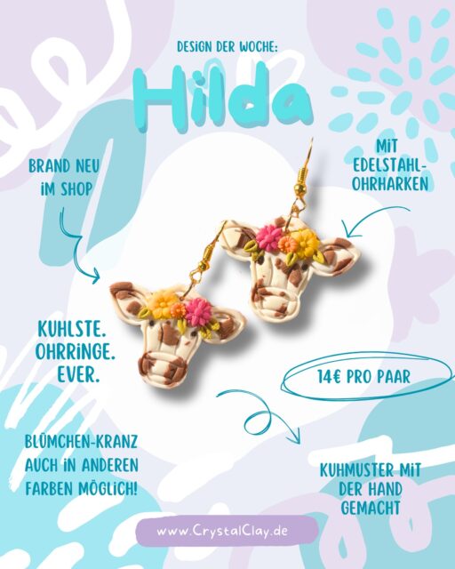 Design der Woche: Hilda! 🐮

Schau dir diese süßen Kühe an! Die Hilda-Ohrringe sind BRANDNEU im Shop und definitiv die kuhlsten Ohrringe ever! 😍

Jedes Paar ist ein echtes Unikat, denn das bezaubernde Kuhmuster ist komplett per Hand gefertigt. Das bedeutet, keine Hilda gleicht der anderen – du bekommst dein ganz persönliches Einzelstück!

Und das Beste: Du kannst deine Hilda noch individueller gestalten! 🤩 Den kleinen Blümchen-Kranz mache ich dir auch gerne in deinen Wunschfarben – schreib mir einfach eine Nachricht!

Sichere dir dein einzigartiges Paar für 14€ pro Stück, bevor es wegläuft! 😉
👉 Jetzt shoppen auf www.CrystalClay.de

#CrystalClay #DesignDerWoche #Hilda #KuhOhrringe #Handgemacht #Unikat #PolymerClay #FimoOhrringe #OhrringeLiebe #polymerton #Blumenkranz #Tierliebe #fimo #NeuImShop