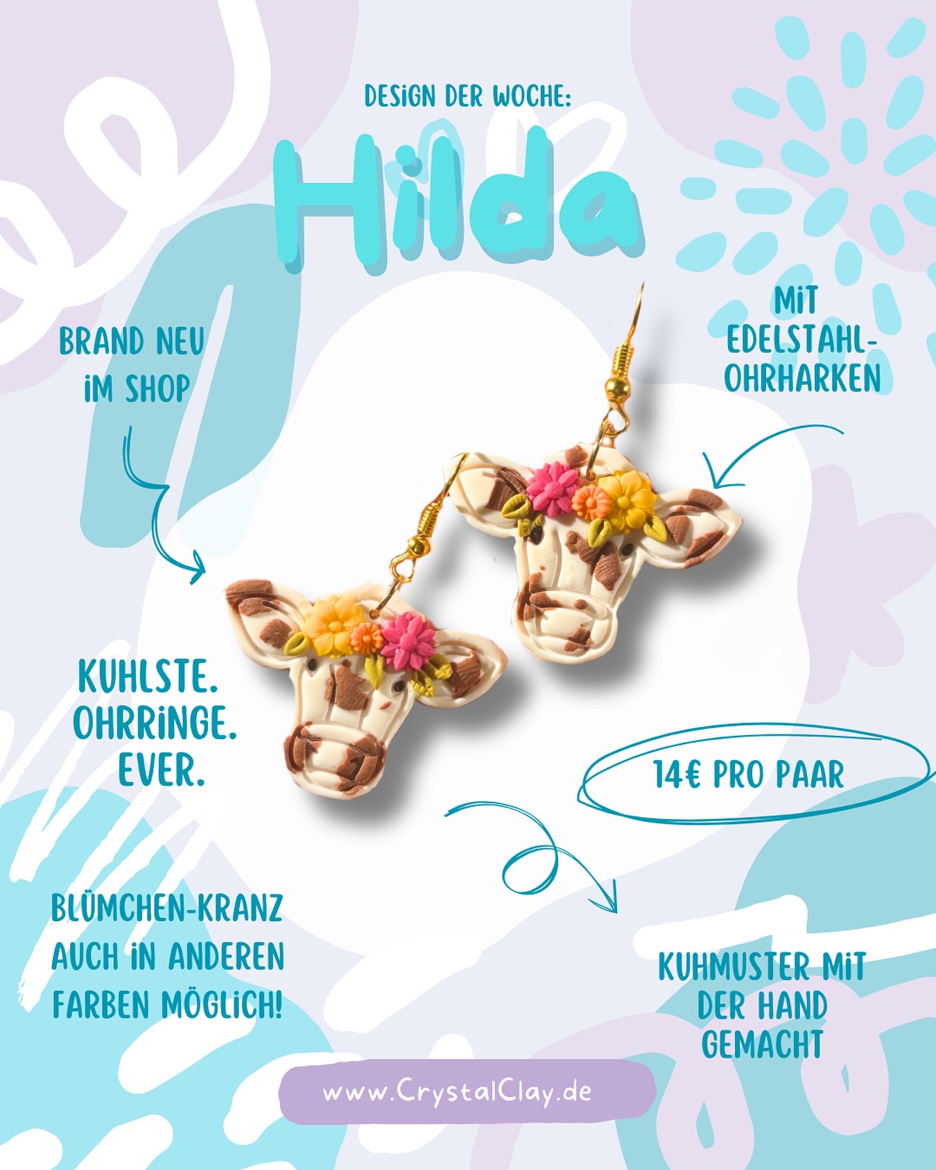 Design der Woche: Hilda! 🐮

Schau dir diese süßen Kühe an! Die Hilda-Ohrringe sind BRANDNEU im Shop und definitiv die kuhlsten Ohrringe ever! 😍

Jedes Paar ist ein echtes Unikat, denn das bezaubernde Kuhmuster ist komplett per Hand gefertigt. Das bedeutet, keine Hilda gleicht der anderen – du bekommst dein ganz persönliches Einzelstück!

Und das Beste: Du kannst deine Hilda noch individueller gestalten! 🤩 Den kleinen Blümchen-Kranz mache ich dir auch gerne in deinen Wunschfarben – schreib mir einfach eine Nachricht!

Sichere dir dein einzigartiges Paar für 14€ pro Stück, bevor es wegläuft! 😉
👉 Jetzt shoppen auf www.CrystalClay.de

#CrystalClay #DesignDerWoche #Hilda #KuhOhrringe #Handgemacht #Unikat #PolymerClay #FimoOhrringe #OhrringeLiebe #polymerton #Blumenkranz #Tierliebe #fimo #NeuImShop