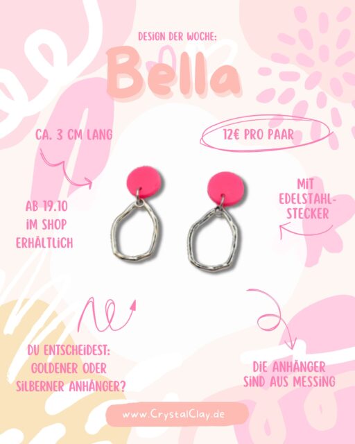✨ DESIGN DER WOCHE: Bella ✨

Ihr habt entschieden! 🥳 Tausend Dank an alle, die beim Namens-Voting mitgemacht haben: Unsere neuen Lieblingsohrringe heißen ab sofort Bella! 

Ein wunderschöner Name für ein wunderschönes Design, oder?

Diese süßen Stecker vereinen deine Wunschfarbe (als Beispiel hier Neon Pink) mit organisch geformten, silberfarbenen oder goldfarbenen Anhängern – perfekt, um deinem Herbst-Look einen Pop of Color zu verpassen!

Die Details:
Ca. 3 cm lang
Mit Edelstahl-Steckern (super verträglich!)
Die Anhänger sind aus Messing
DU ENTSCHEIDEST: Goldener ODER silberner Anhänger? 

➡️ Ab dem 19.10. im Shop erhältlich! Setzt euch den Reminder! ⏰

Welche Farbe wählst du für den Anhänger: Gold oder Silber? Lass es mich in den Kommentaren wissen! 👇

#CrystalClay #BellaOhrringe #DesignDerWoche #NameReveal #CommunityPower #Ohrringe #HandmadeJewelry #PolymerClay #NeuerSchmuck #StatementOhrringe #PinkLiebe #Ohrschmuck #SupportSmallBusiness