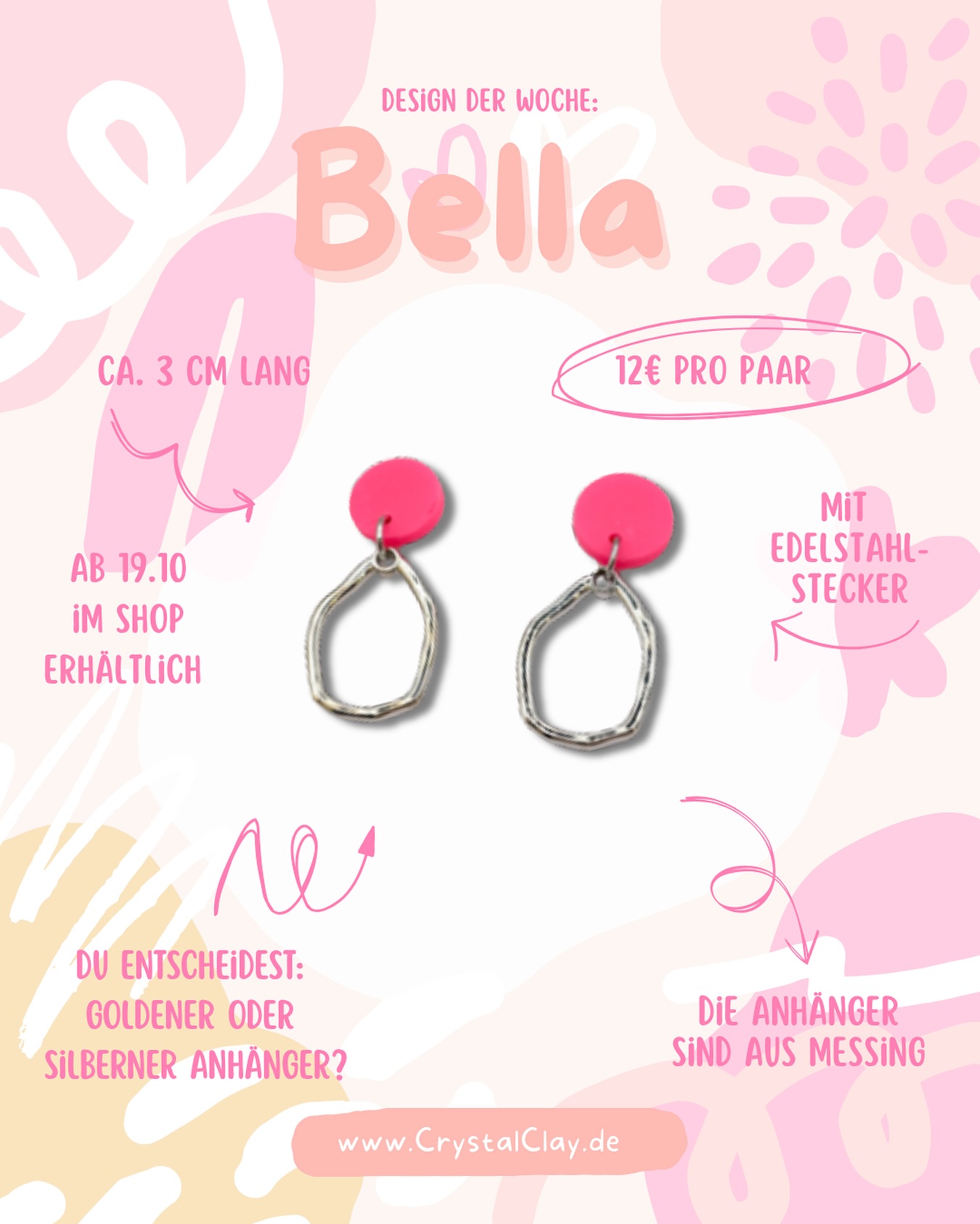 ✨ DESIGN DER WOCHE: Bella ✨

Ihr habt entschieden! 🥳 Tausend Dank an alle, die beim Namens-Voting mitgemacht haben: Unsere neuen Lieblingsohrringe heißen ab sofort Bella! 

Ein wunderschöner Name für ein wunderschönes Design, oder?

Diese süßen Stecker vereinen deine Wunschfarbe (als Beispiel hier Neon Pink) mit organisch geformten, silberfarbenen oder goldfarbenen Anhängern – perfekt, um deinem Herbst-Look einen Pop of Color zu verpassen!

Die Details:
Ca. 3 cm lang
Mit Edelstahl-Steckern (super verträglich!)
Die Anhänger sind aus Messing
DU ENTSCHEIDEST: Goldener ODER silberner Anhänger? 

➡️ Ab dem 19.10. im Shop erhältlich! Setzt euch den Reminder! ⏰

Welche Farbe wählst du für den Anhänger: Gold oder Silber? Lass es mich in den Kommentaren wissen! 👇

#CrystalClay #BellaOhrringe #DesignDerWoche #NameReveal #CommunityPower #Ohrringe #HandmadeJewelry #PolymerClay #NeuerSchmuck #StatementOhrringe #PinkLiebe #Ohrschmuck #SupportSmallBusiness