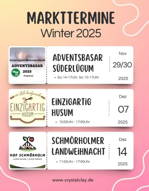 Meine Markttermine im Winter 2025! 🎄
Ich freue mich riesig, euch meine letzten Markttermine für dieses Jahr bekannt zu geben! Kommt vorbei, stöbert und findet einzigartige Geschenke für eure Liebsten (oder euch selbst 🤭).
* 🌟 Adventsbasar Süderlügum
* Wann: 29. & 30. November 2025
* Uhrzeit: Sa: 14:00 - 17:00 | So: 10:00 - 17:00
* Wo: Süderlügum Mehrzweckhalle
* ✨ EinzigARTig Husum
* Wann: 07. Dezember 2025
* Uhrzeit: 10:00 - 17:00 Uhr
* Wo: Am Messeplatz 12–18, 25183 Husum
* 🚜 Schmörholmer Landweihnacht
* Wann: 14. Dezember 2025
* Uhrzeit: 11:00 - 17:00 Uhr
* Wo: Hof Schmörholm, 25917 Leck
Ich kann es kaum erwarten, euch dort zu sehen! Merkt euch die Termine vor und lasst uns die Vorweihnachtszeit gemeinsam genießen.
➡️ Welchen Markt besuchst du? Schreib es mir in die Kommentare! 👇
#Markttermine #Winter2025 #Kunsthandwerkermarkt #Weihnachtsmarkt #Adventsbasar #Süderlügum #Husum #HofSchmörholm #Handgemacht #Geschenkideen #Einzelstück #SupportSmallBusiness #Marktliebe #Vorweihnachtszeit#crystalclay