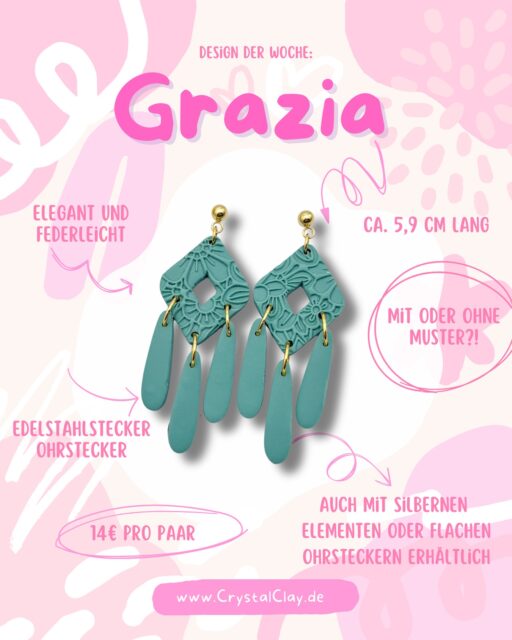Hallo ihr Lieben! Pünktlich zum Wochenende präsentiere ich euch das „Design der Woche“: Grazia!
Diese Ohrringe vereinen mühelose Eleganz mit absolutem Tragekomfort. Sie sind ein echter Blickfang und dabei so elegant und federleicht, dass du sie kaum spüren wirst.
Alle Details auf einen Blick:
Länge: Ca. 5,9 cm – die perfekte Länge für einen glamourösen Auftritt.
Material: Mit Edelstahlstecker für beste Verträglichkeit.
Preis: Nur 14€ pro Paar.
🎨 Deine Individualisierungsmöglichkeiten:
Du liebst dieses Design, aber wünschst dir eine kleine Änderung? Kein Problem!
Muster: Wähle sie mit oder ohne unser zartes Blumenmuster.
Farben & Elemente: Auch mit silbernen Elementen oder als flache Ohrstecker (tropfenförmig) erhältlich.
#DesignDerWoche #PolymerClayJewelry #PolymerClayOhrringe #HandgemachterSchmuck #StatementOhrringe #Ohrschmuck #EdelstahlSchmuck #CrystalClay#handmade#flensbug