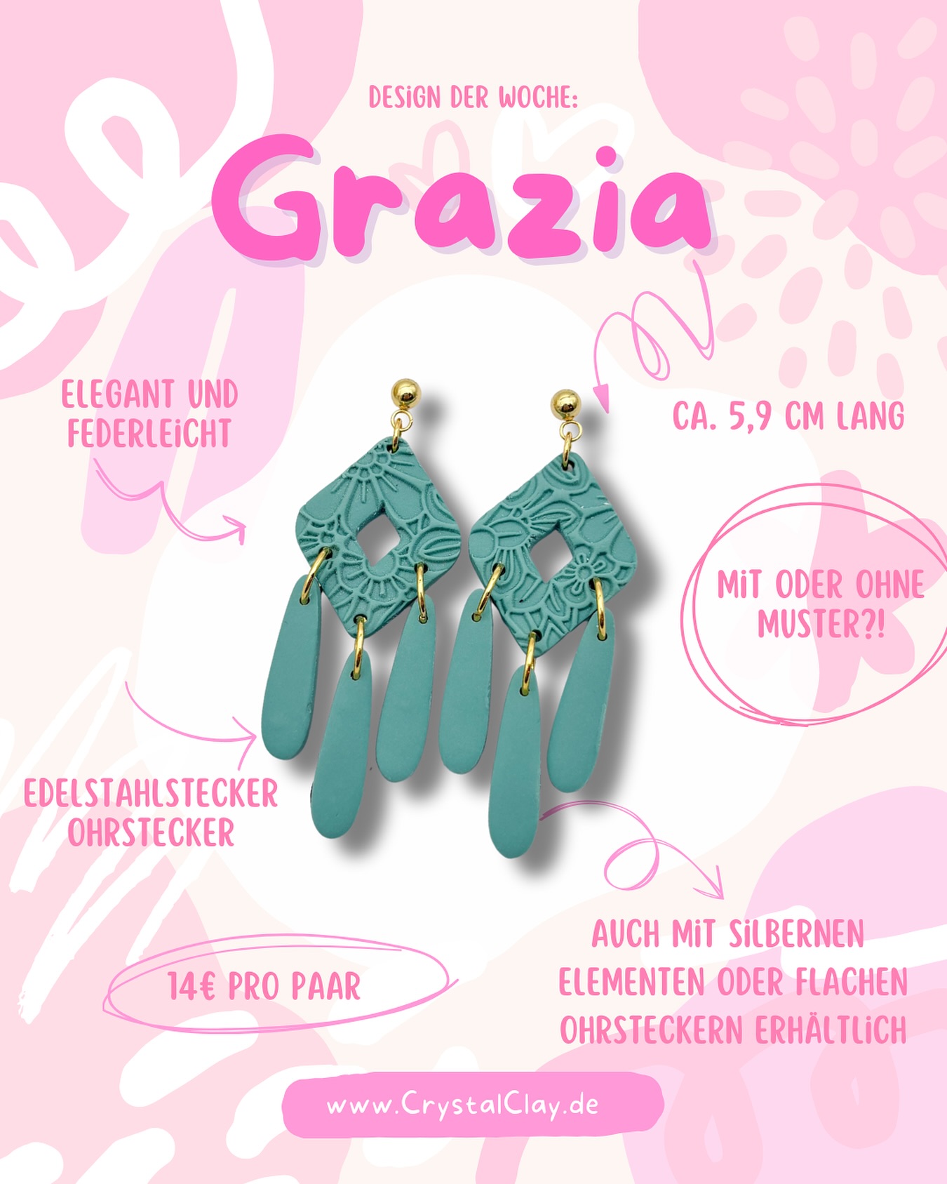 Hallo ihr Lieben! Pünktlich zum Wochenende präsentiere ich euch das „Design der Woche“: Grazia!
Diese Ohrringe vereinen mühelose Eleganz mit absolutem Tragekomfort. Sie sind ein echter Blickfang und dabei so elegant und federleicht, dass du sie kaum spüren wirst.
Alle Details auf einen Blick:
Länge: Ca. 5,9 cm – die perfekte Länge für einen glamourösen Auftritt.
Material: Mit Edelstahlstecker für beste Verträglichkeit.
Preis: Nur 14€ pro Paar.
🎨 Deine Individualisierungsmöglichkeiten:
Du liebst dieses Design, aber wünschst dir eine kleine Änderung? Kein Problem!
Muster: Wähle sie mit oder ohne unser zartes Blumenmuster.
Farben & Elemente: Auch mit silbernen Elementen oder als flache Ohrstecker (tropfenförmig) erhältlich.
#DesignDerWoche #PolymerClayJewelry #PolymerClayOhrringe #HandgemachterSchmuck #StatementOhrringe #Ohrschmuck #EdelstahlSchmuck #CrystalClay#handmade#flensbug