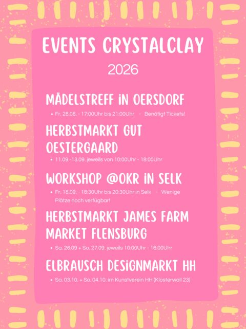 ✨Markt- und Workshop-Termine für das restliche Jahr!✨

Die kommenden Monate werden bunt, kreativ und voller schöner Begegnungen. Alle aktuellen Termine und Orte findet ihr direkt oben im Bild.✨

(Alle Angaben wie immer ohne Gewähr – ich hoffe sehr, mir hat sich kein Tippfehler eingeschlichen!)🤭

Wichtiges auf einen Blick:

Workshops: Der genannte Workshop ist öffentlich, jedoch mit Voranmeldung. Weitere öffentliche Termine sind in der Planung. 🤫

Private Workshops: Ihr möchtet dieses Jahr noch einen privaten Workshop (z. B. für Geburtstage, JGAs oder Team-Events) buchen? Dafür sind aktuell noch Termine frei! 🎉

 Erinnerungen: Vor jedem Event gebe ich euch kurz vorher natürlich noch einmal rechtzeitig in meinen Stories Bescheid. 🤭

Tickets und Infos: Ihr braucht Tickets oder Kontaktdaten/Infos zu den Terminen? Schreibt mir einfach eine kurze Nachricht - ich schicke euch alles zu. 🫶🏻