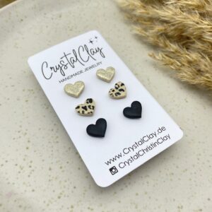 Mini Lovely Ohrstecker 3er Pack - Goldglitzer, Leopardenmuster & Schwarz