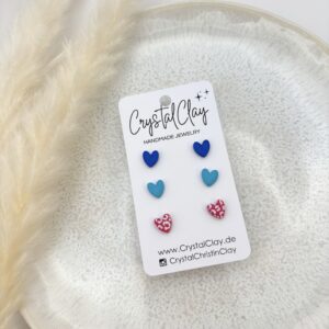 Micro Herz-Ohrstecker 3er Pack - Pack 1: Pazifikblau, Pfefferminz, Himbeere mit rosa Leo