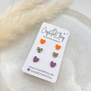 Micro Herz-Ohrstecker 3er Pack - Pack 12: Mandarine, Leopardenmuster, Lavendel
