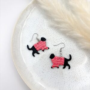 Weihnachtskatzen Ohrringe - Schwarze Katze mit Rosa Pulli