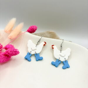 Wilde Hühner Ohrringe - Huhn: Weiß / Stiefel: Pfefferminz