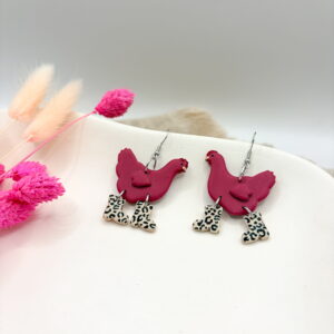 Wilde Hühner Ohrringe - Huhn: Berry / Stiefel: Leopardenmuster