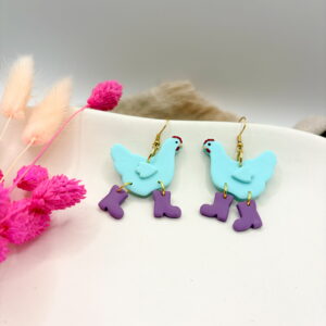 Wilde Hühner Ohrringe - Huhn: Mint / Stiefel: Blueberry