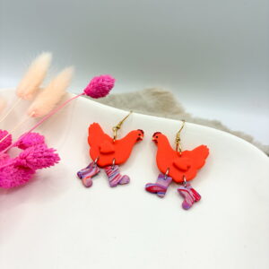 Wilde Hühner Ohrringe - Huhn: Mandarine / Stiefel: Bunt