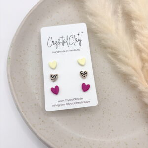 Micro Herz-Ohrstecker 3er Pack - Pack 14: Vanille, Leopardenmuster, Berry